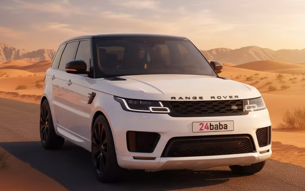 LandRover RangeRoverSport 2020 White front view with headlights – rental in Dubai