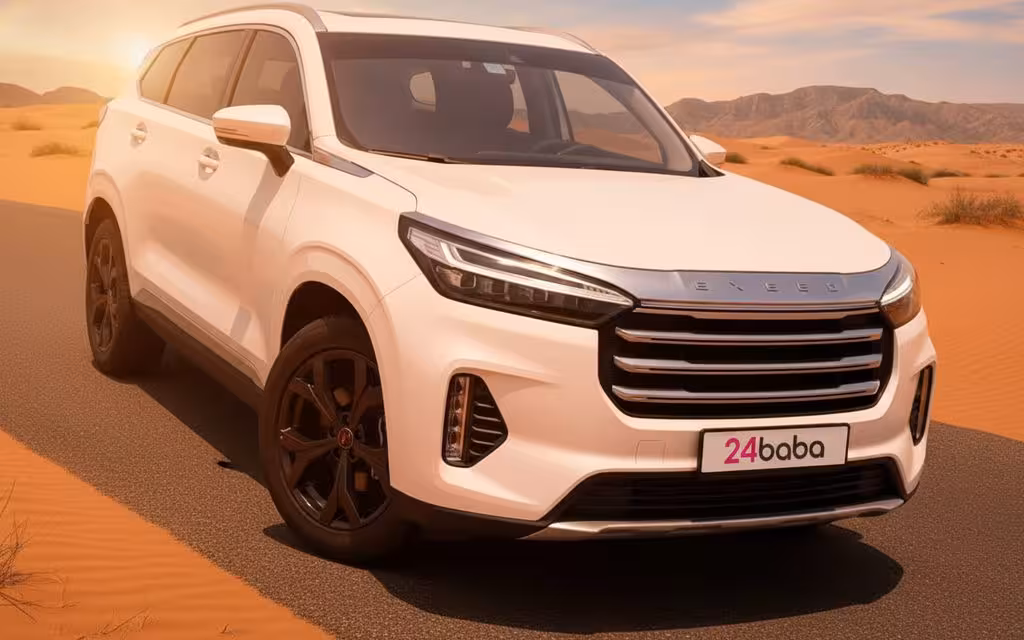 Exeed Vx 2025 White front view with headlights – rental in Dubai