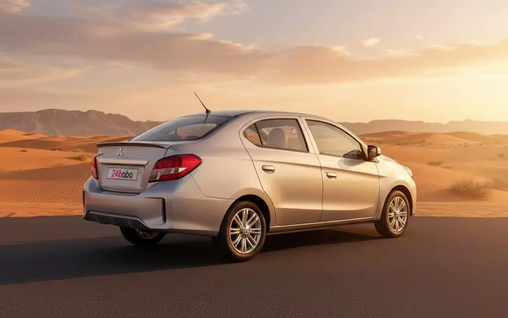 Mitsubishi Attrage 2024 Silver rear view showing taillights – rental in Dubai