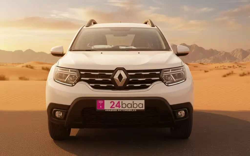 Renault Duster 2025 White front view with headlights – rental in Dubai