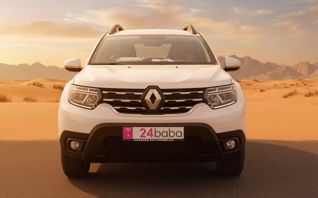 Renault Duster 2025 White front view with headlights – rental in Dubai