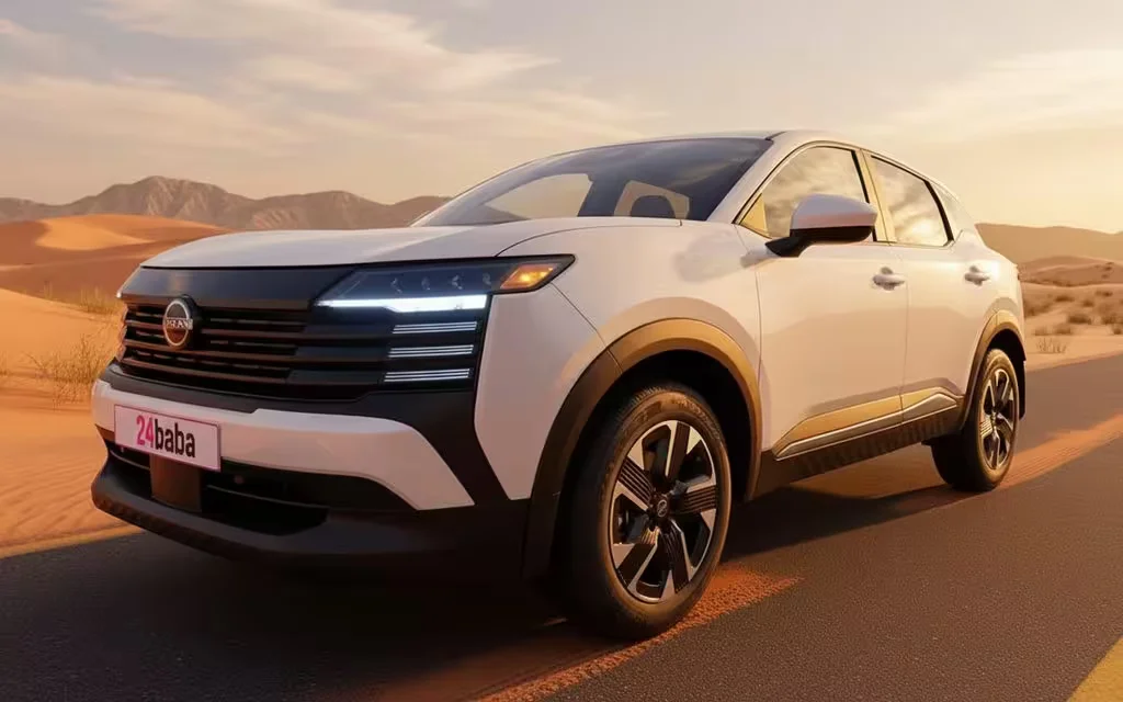 Nissan Kicks 2025 White front view with headlights – rental in Dubai