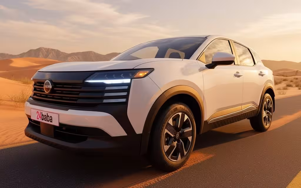 Nissan Kicks 2025 White front view with headlights – rental in Dubai