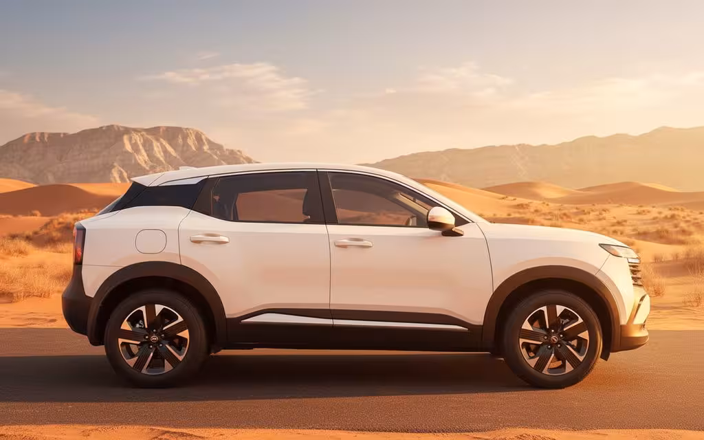 Nissan Kicks 2025 White side profile – rental in Dubai