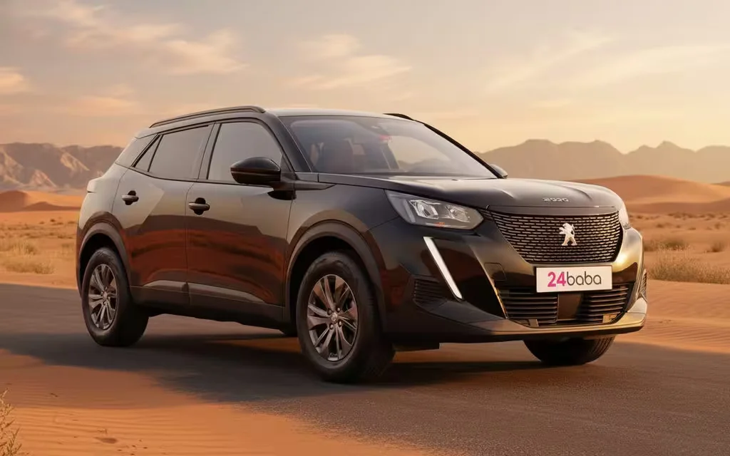 Peugeot 2008 2023 Black front view with headlights – rental in Dubai