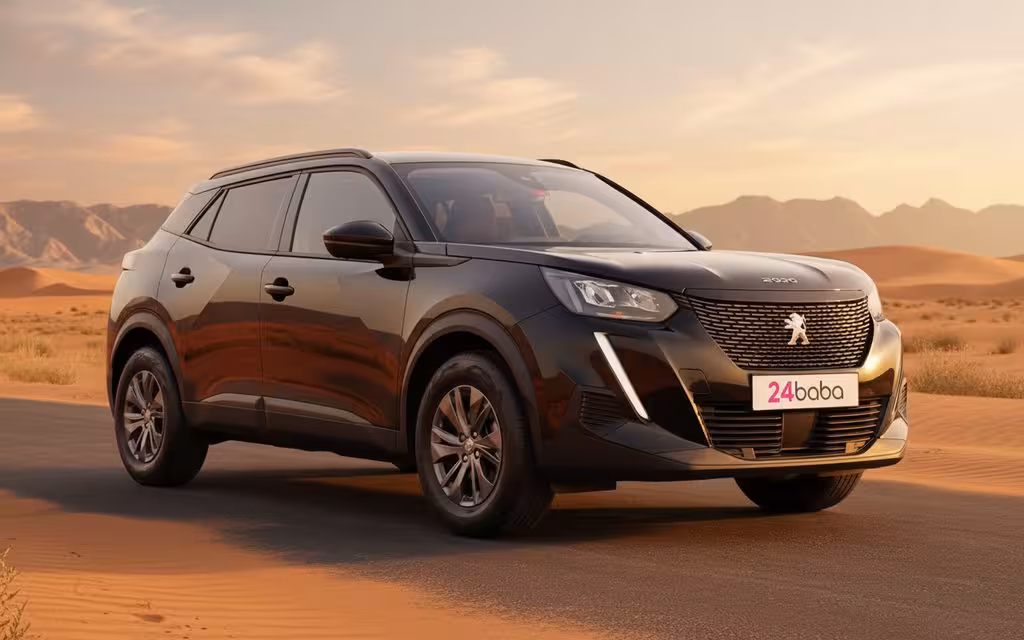Peugeot 2008 2023 Black front view with headlights – rental in Dubai