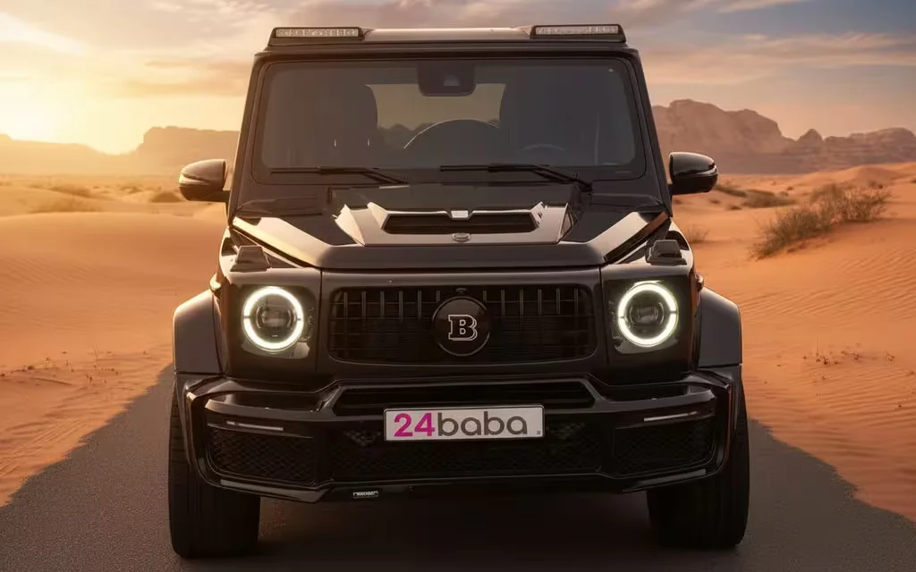 Mercedes G63 2023 Black front view with headlights – rental in Dubai