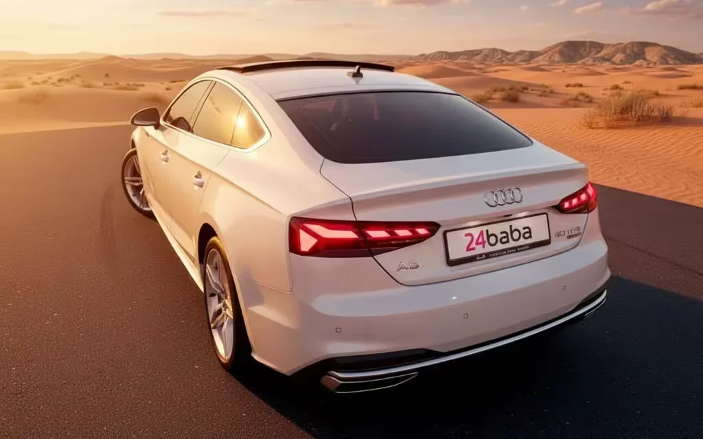 Audi A5 2023 White rear view showing taillights – rental in Dubai