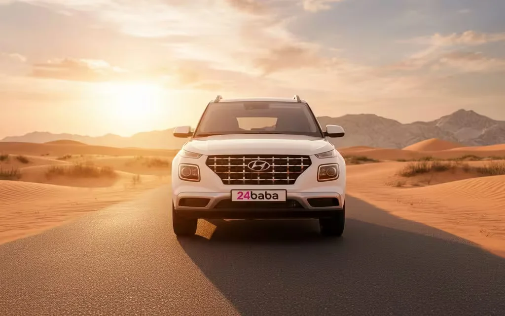 Hyundai Venue 2023 White front view with headlights – rental in Dubai
