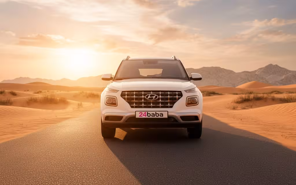 Hyundai Venue 2023 White front view with headlights – rental in Dubai
