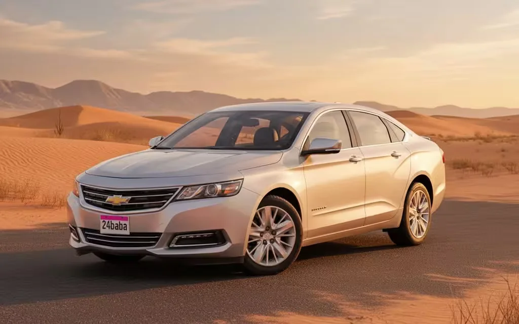 Chevrolet Impala 2025 Silver front view with headlights – rental in Dubai