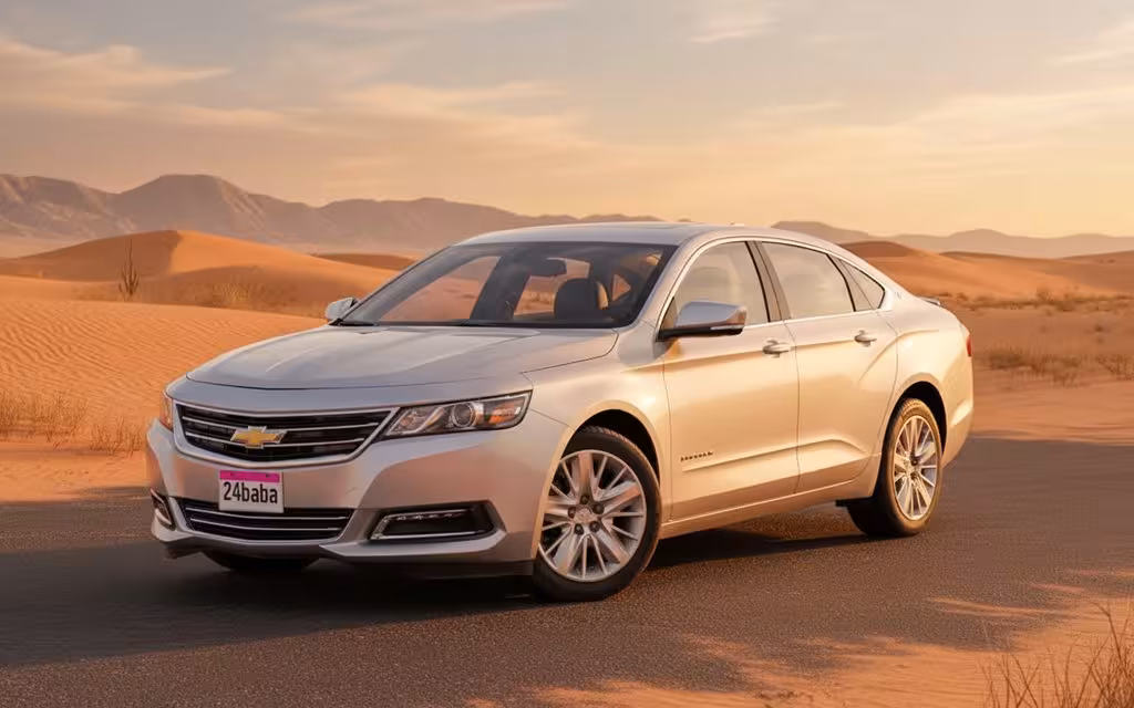 Chevrolet Impala 2025 Silver front view with headlights – rental in Dubai