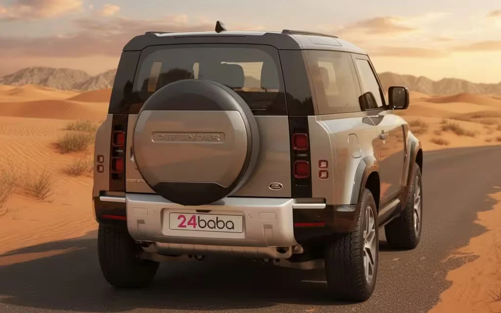 LandRover Defender 2021 Grey rear view showing taillights – rental in Dubai