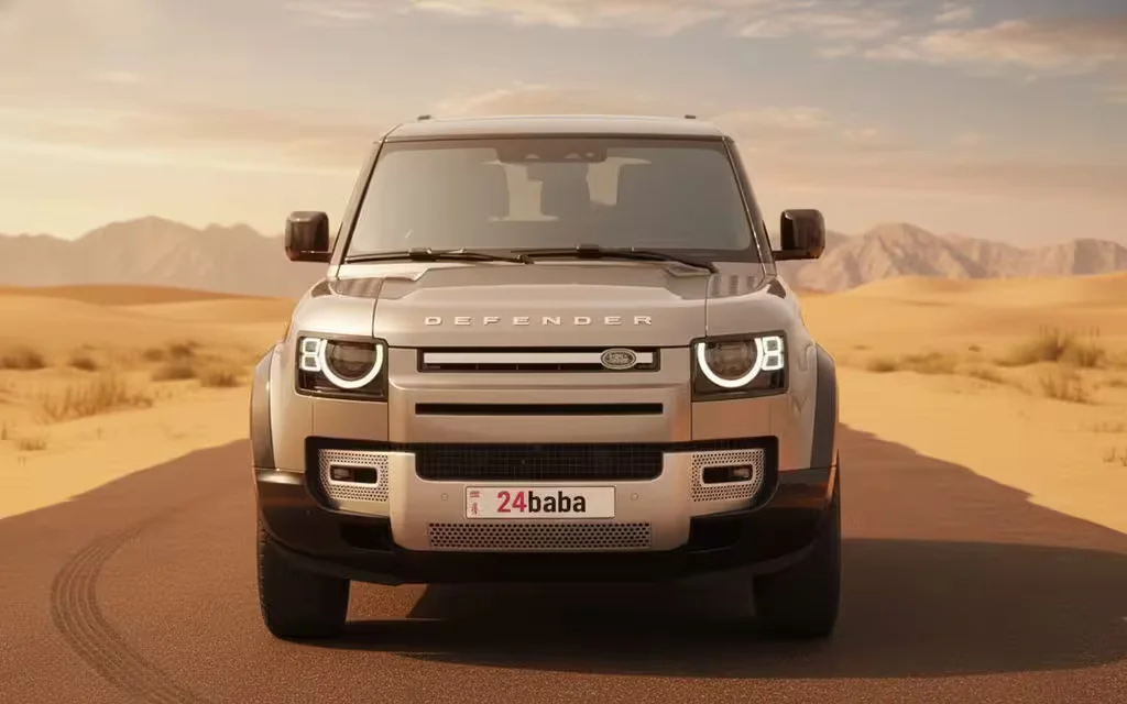 LandRover Defender 2021 Grey front view with headlights – rental in Dubai
