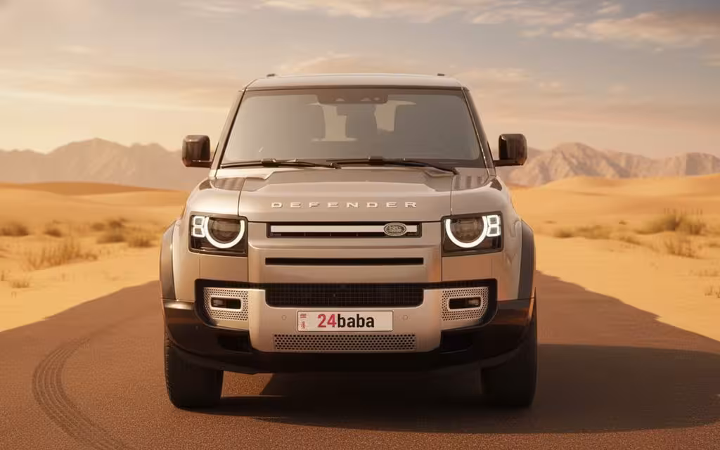 LandRover Defender 2021 Grey front view with headlights – rental in Dubai