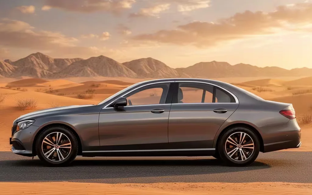 Mercedes E200 2022 Silver side profile – rental in Dubai