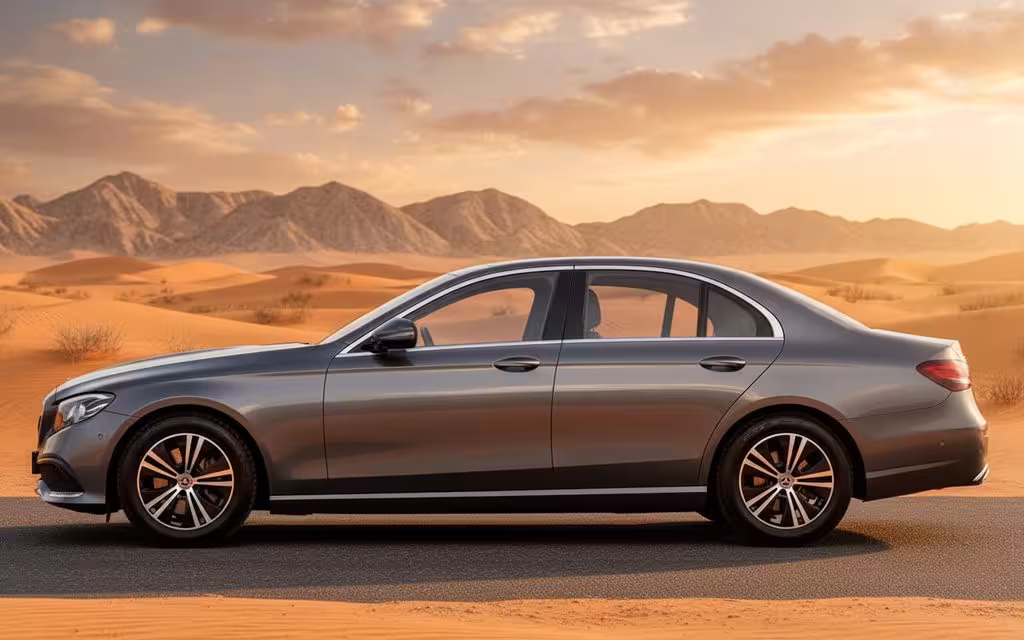 Mercedes E200 2022 Silver side profile – rental in Dubai