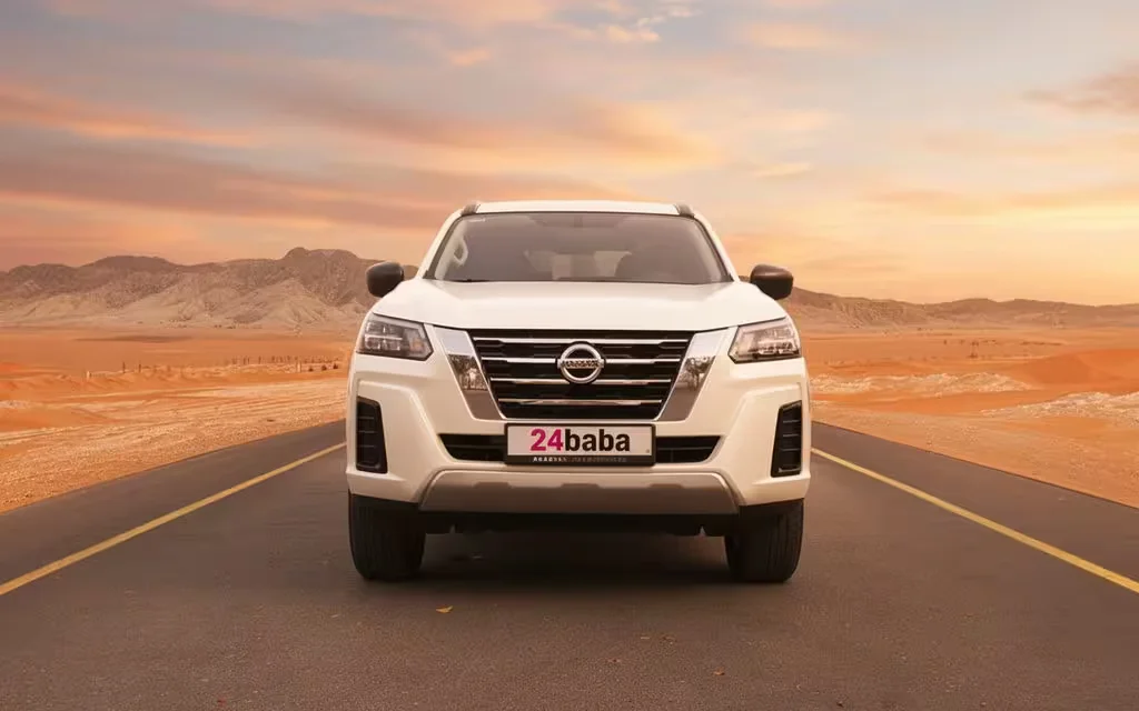 Nissan X Terra 2024 White front view with headlights – rental in Dubai