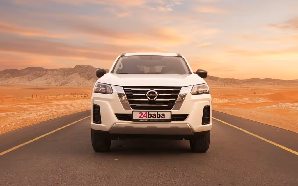 Nissan X Terra 2024 White front view with headlights – rental in Dubai