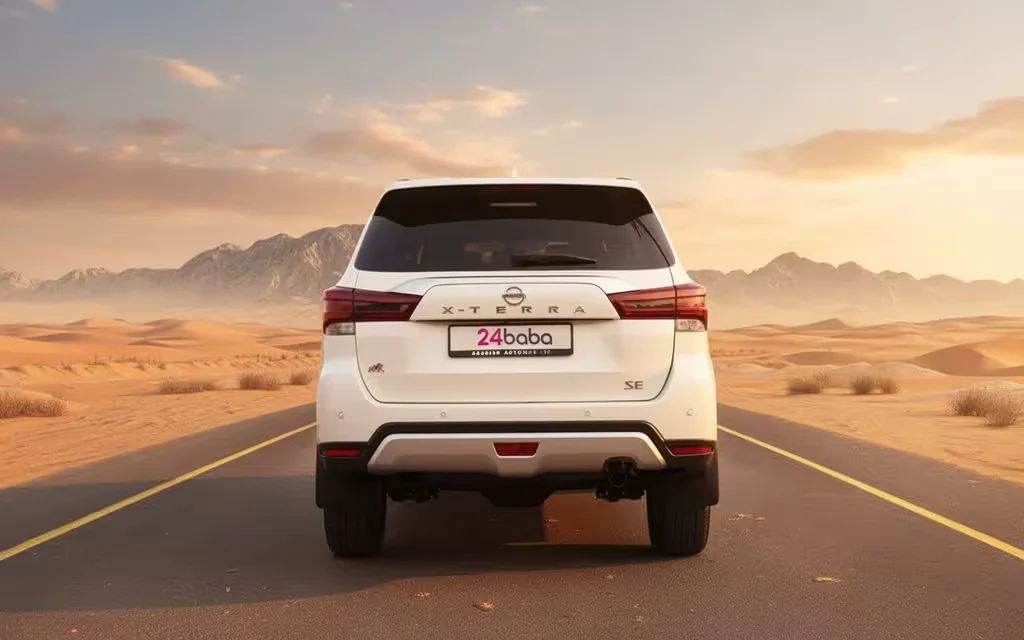 Nissan X Terra 2024 White rear view showing taillights – rental in Dubai