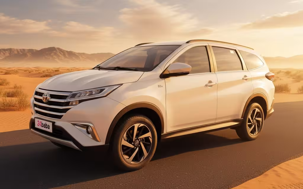 Toyota Rush 2025 White front view with headlights – rental in Dubai