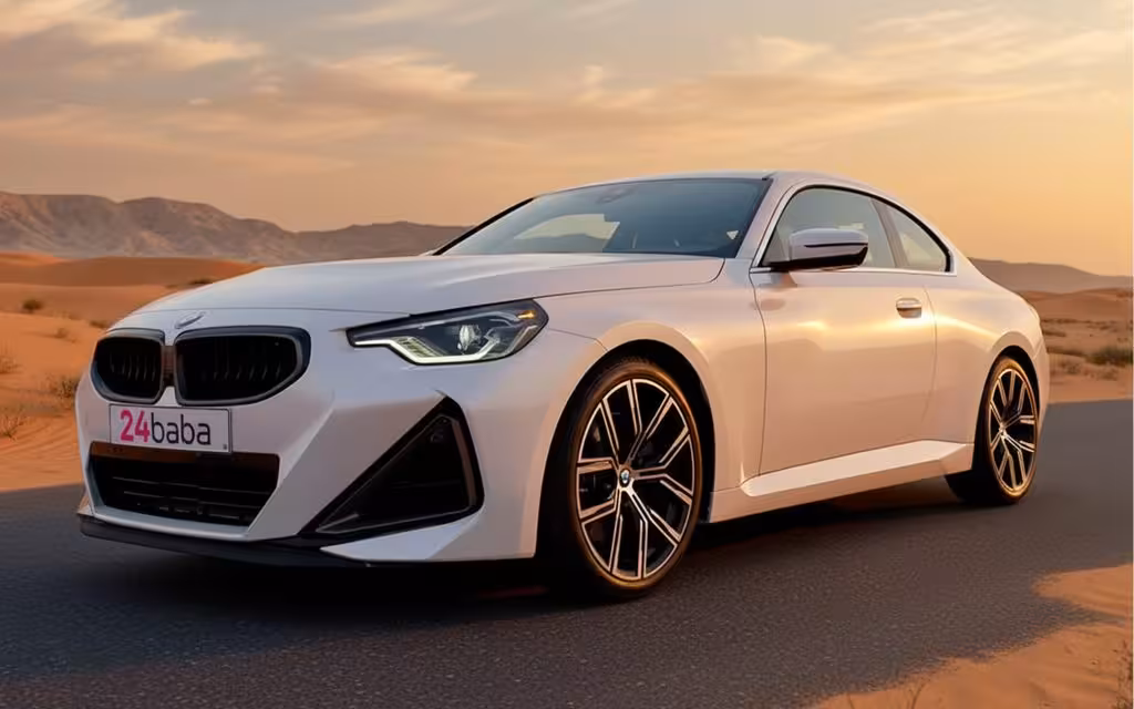 Bmw 230 2023 White front view with headlights – rental in Dubai