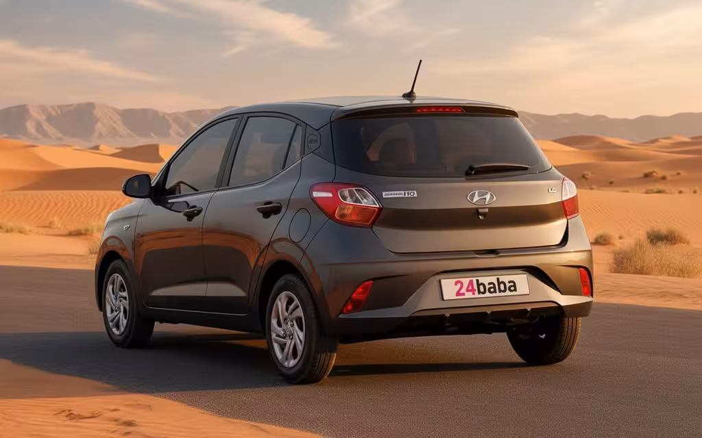 Hyundai GrandI10 2023 Grey rear view showing taillights – rental in Dubai