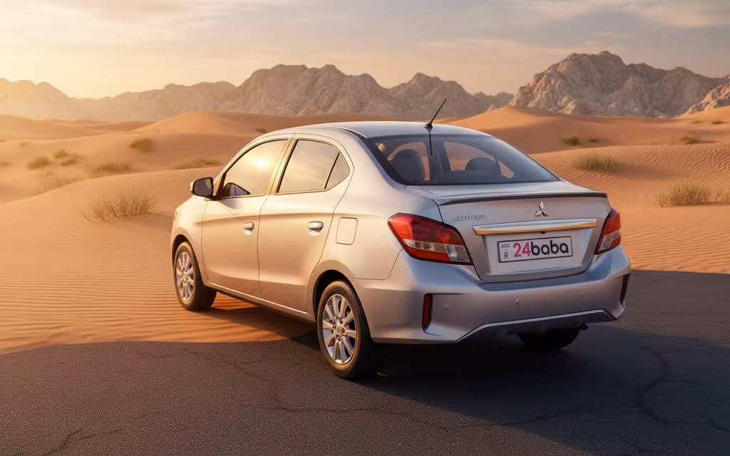 Mitsubishi Attrage 2025 Grey rear view showing taillights – rental in Dubai