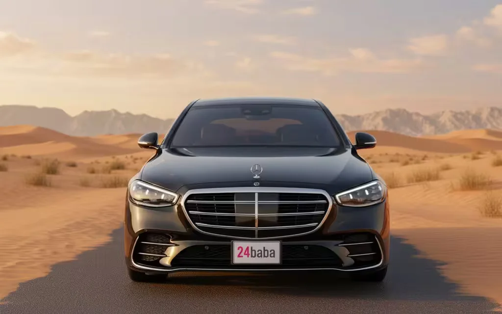 Mercedes S500 2023 Black front view with headlights – rental in Dubai