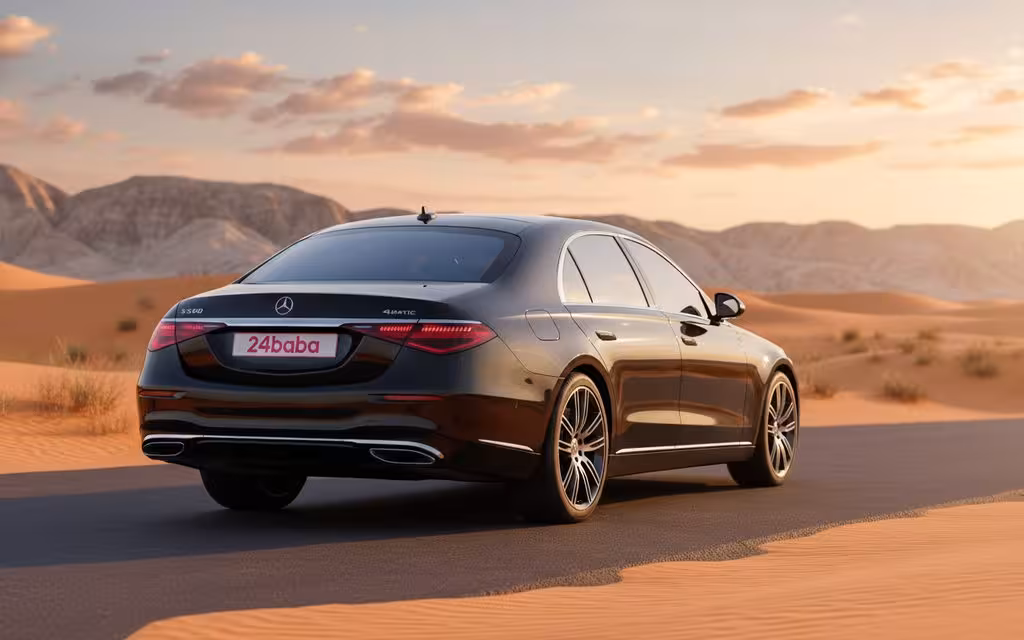 Mercedes S500 2023 Black rear view showing taillights – rental in Dubai