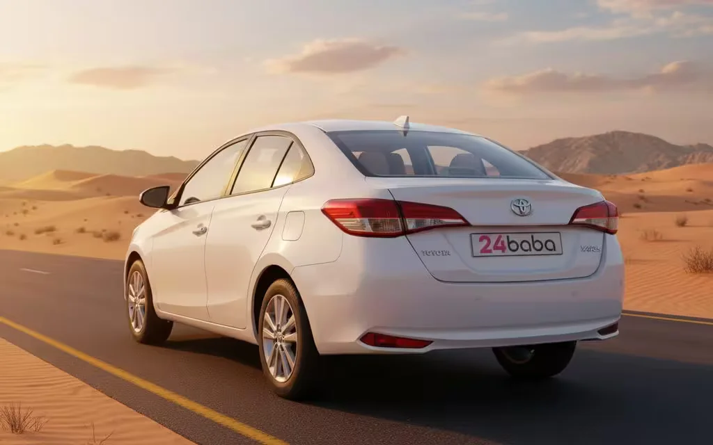 Toyota Yaris 2021 White rear view showing taillights – rental in Dubai