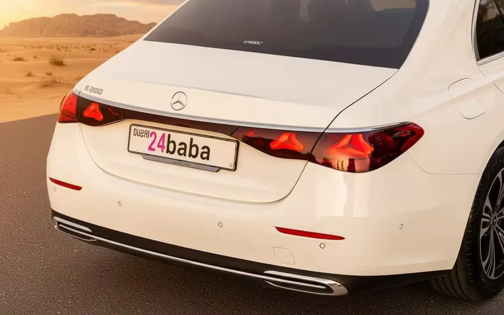 Mercedes E200 2025 White rear view showing taillights – rental in Dubai