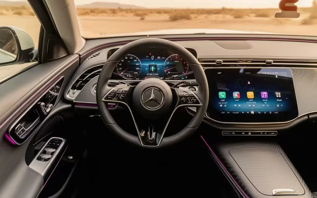 Mercedes E200 2025 interior view showing trim – rental in Dubai