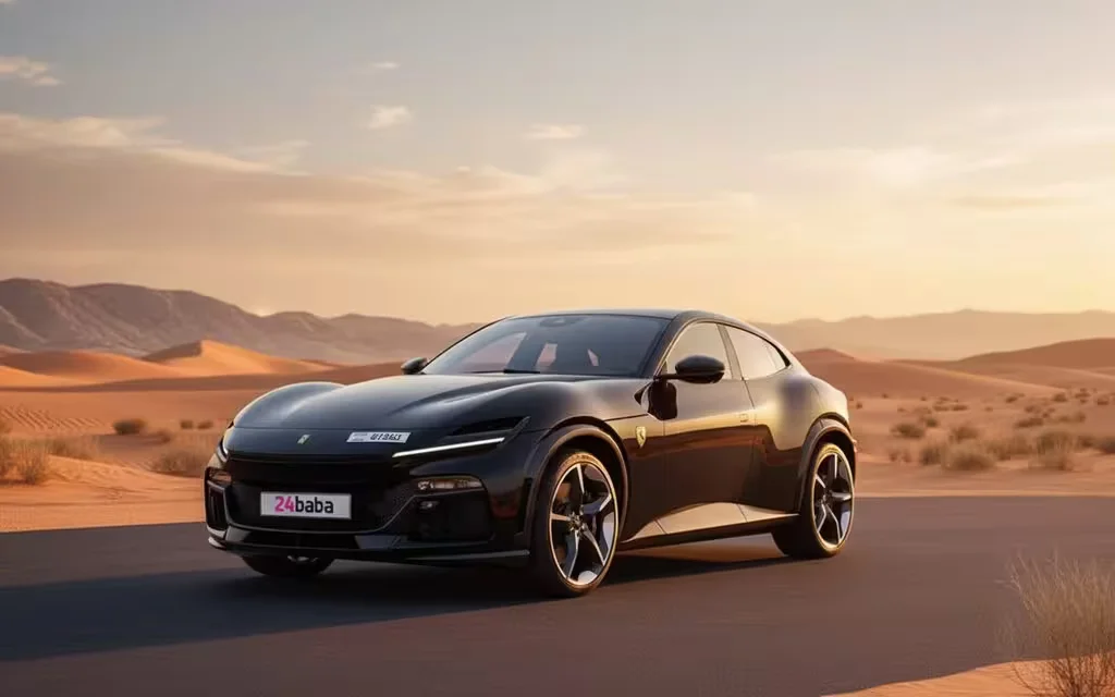 Ferrari Purosangue 2024 Black front view with headlights – rental in Dubai