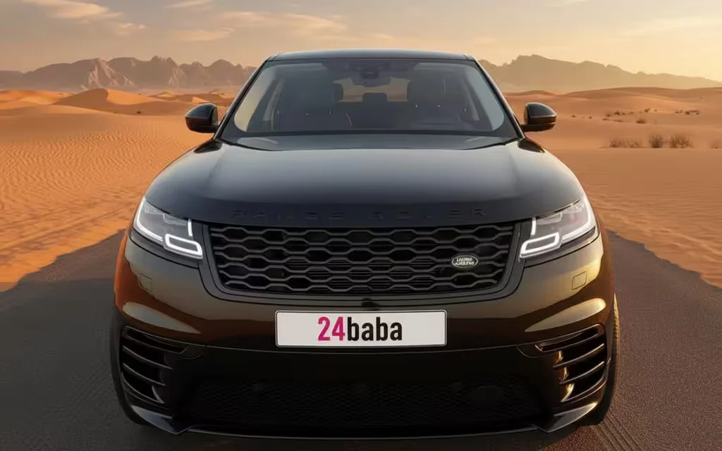 LandRover RangeRoverVelar 2020 Black front view with headlights – rental in Dubai
