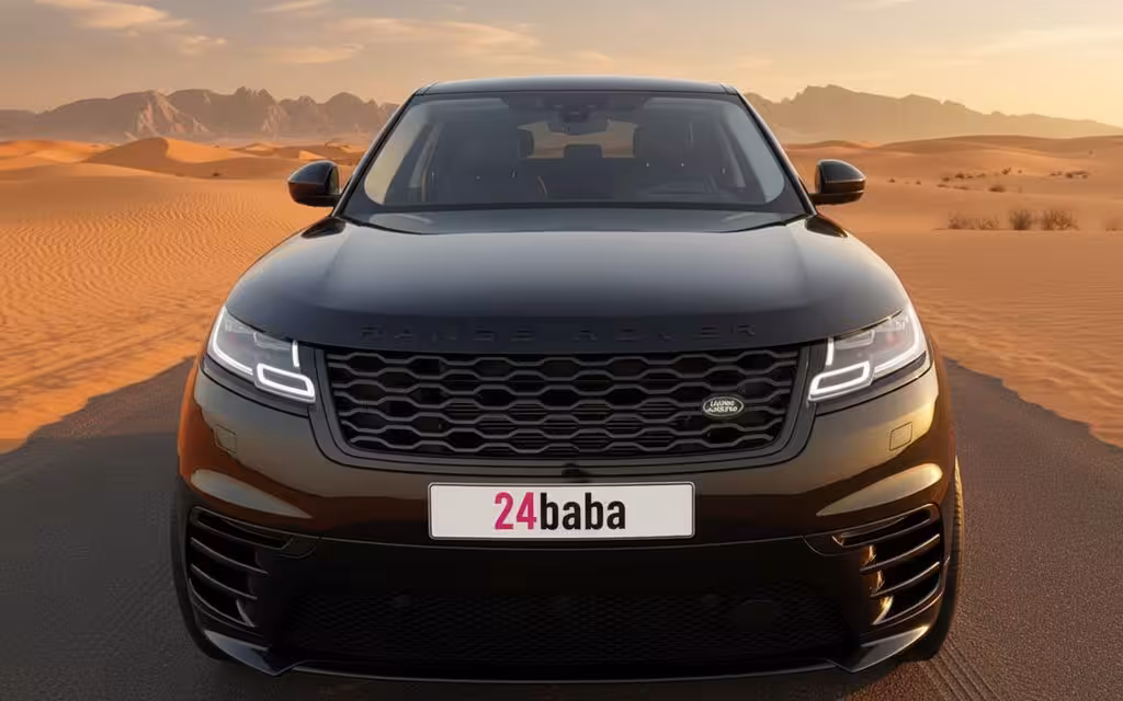 LandRover RangeRoverVelar 2020 Black front view with headlights – rental in Dubai