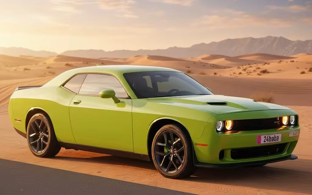 Dodge Challenger 2025 Green front view with headlights – rental in Dubai