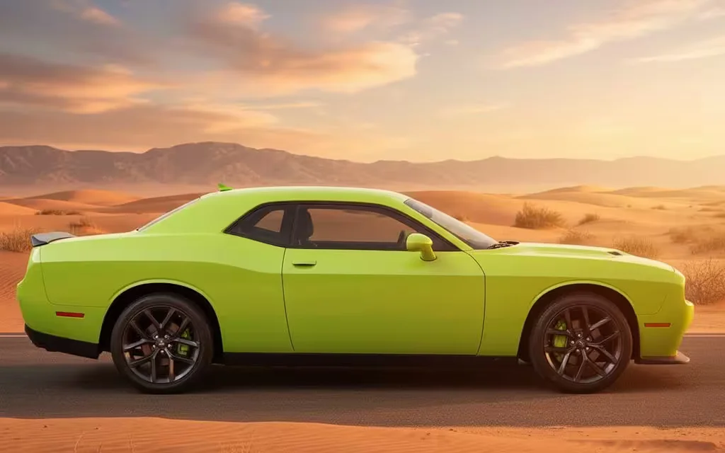 Dodge Challenger 2025 Green side profile – rental in Dubai