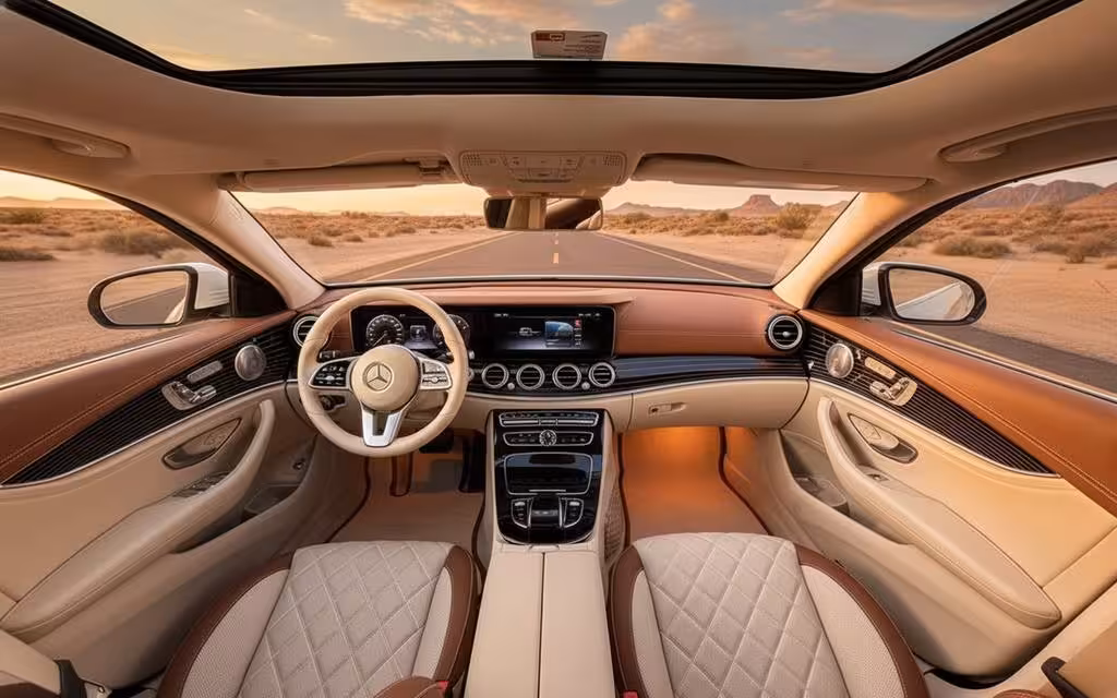 Mercedes E450 2021 interior view showing trim – rental in Dubai