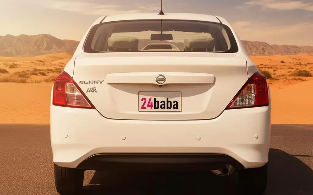 Nissan Sunny 2024 White rear view showing taillights – rental in Dubai