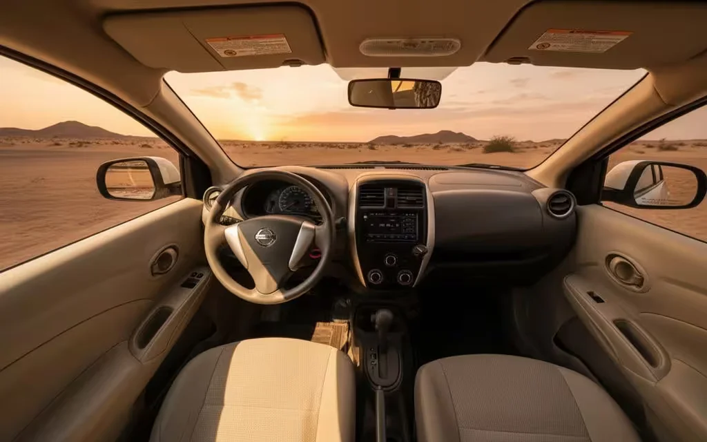 Nissan Sunny 2024 interior view showing trim – rental in Dubai