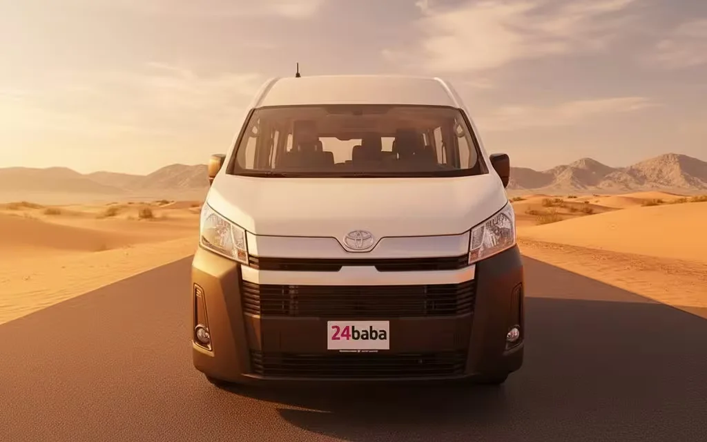 Toyota Hiace 2025 White front view with headlights – rental in Dubai