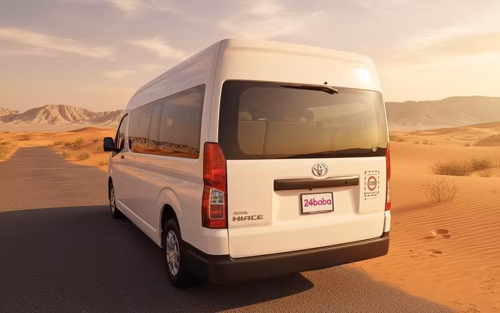 Toyota Hiace 2025 White rear view showing taillights – rental in Dubai