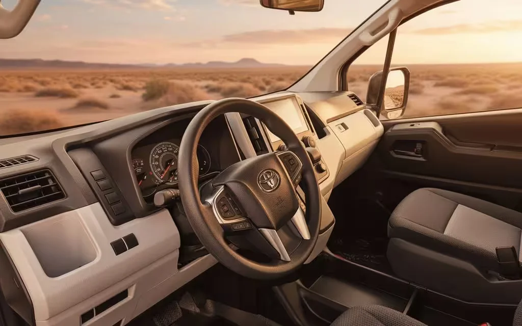 Toyota Hiace 2025 interior view showing trim – rental in Dubai