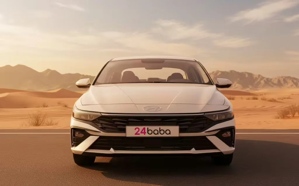 Hyundai Elantra 2025 White front view with headlights – rental in Dubai