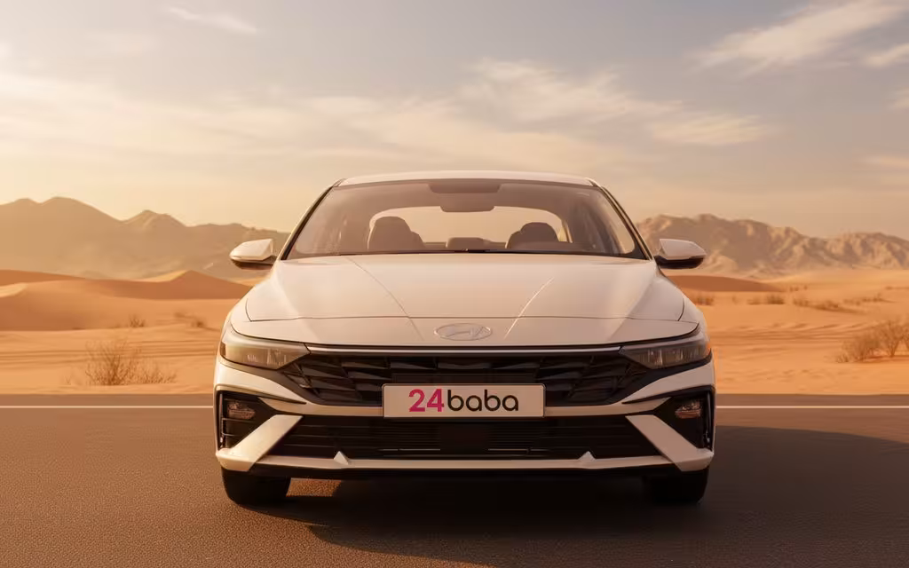 Hyundai Elantra 2025 White front view with headlights – rental in Dubai