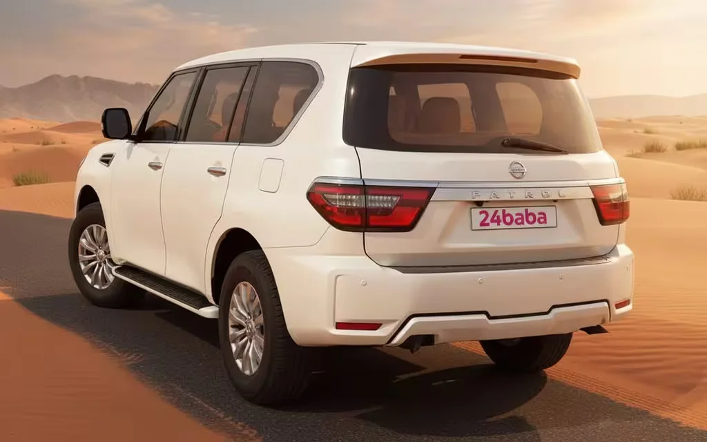 Nissan Patrol 2022 White rear view showing taillights – rental in Dubai