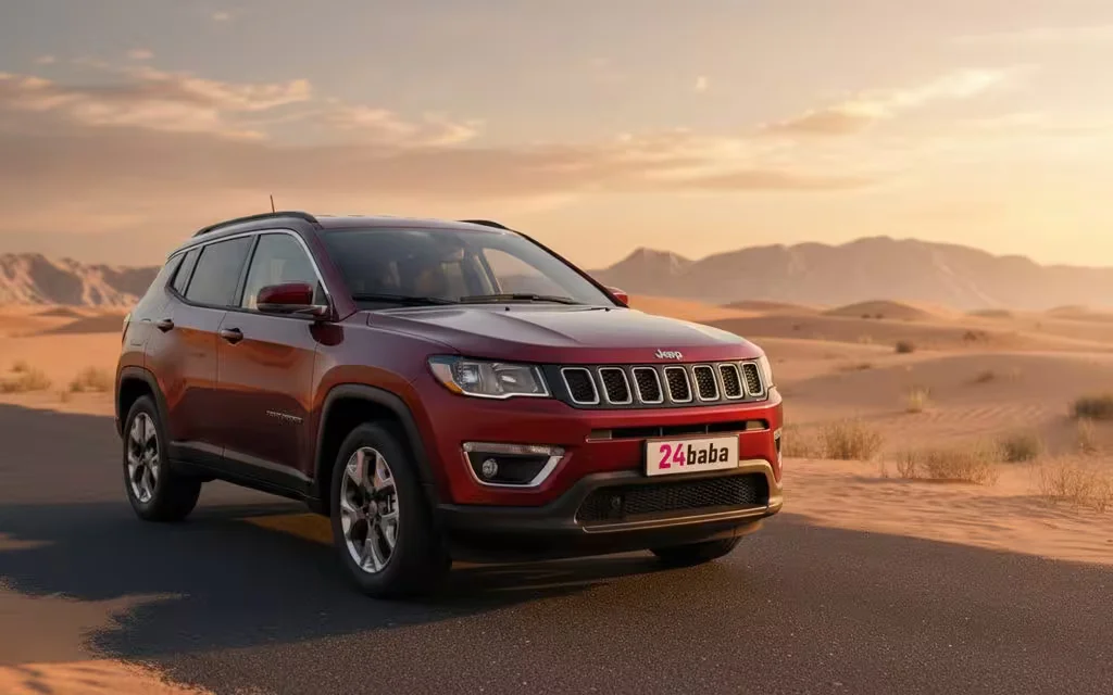 Jeep Compass 2021 Red front view with headlights – rental in Dubai