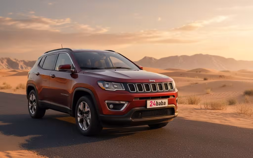 Jeep Compass 2021 Red front view with headlights – rental in Dubai
