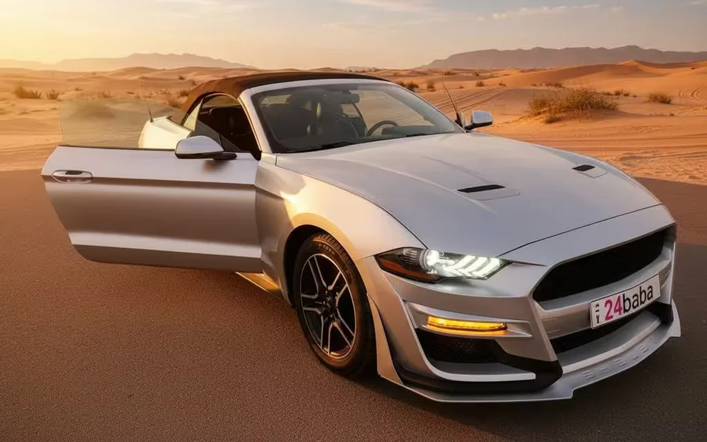 Ford Mustang 2022 Silver front view with headlights – rental in Dubai